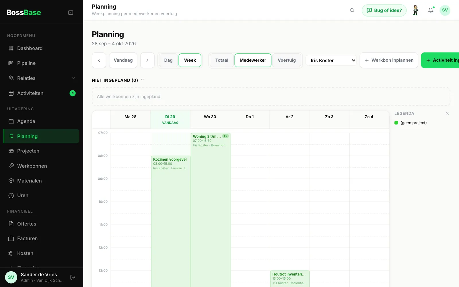 De weekplanning in BossBase